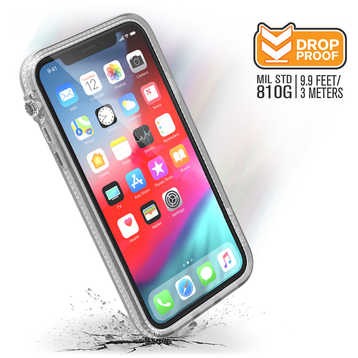 Catalyst Impact Protection Case for iPhone X/XR/Xs/Xs Max showing the iphone screen with the catalyst case installed text reads drop proof MIL STD 810g 9.9 feet/3 meters