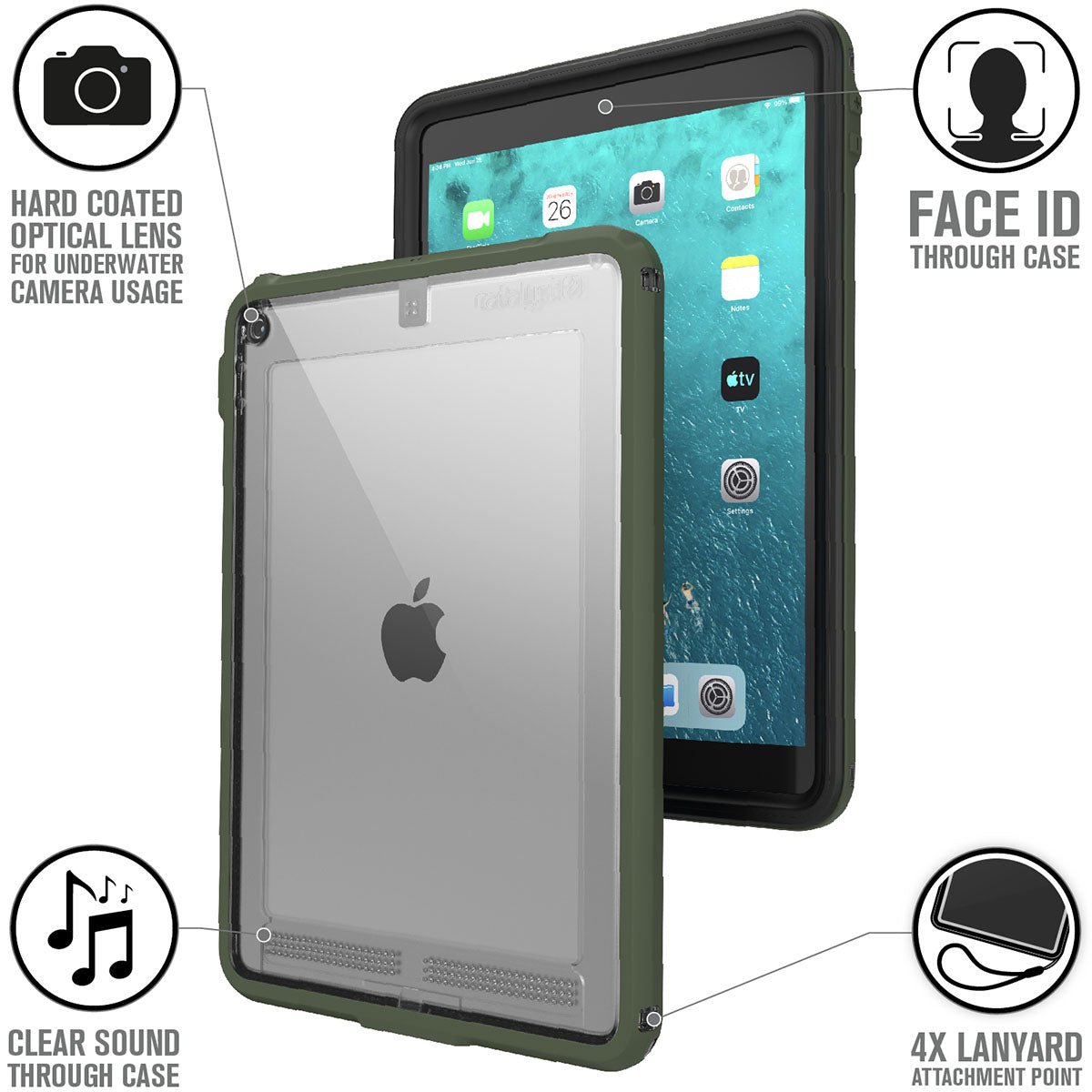 catalyst ipad air gen 3 10.5 waterproof case army green front and back view text reads hard coated optical lens for underwater camera usage face id through case clear sound through case 4x lanyard attachment point
