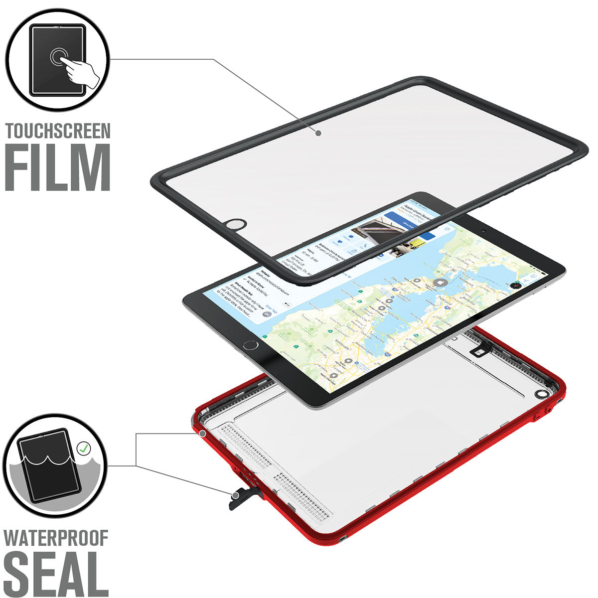 catalyst ipad air gen 3 10.5 waterproof case flame red disassembled case with ipad text reads touchscreen film waterproof seal