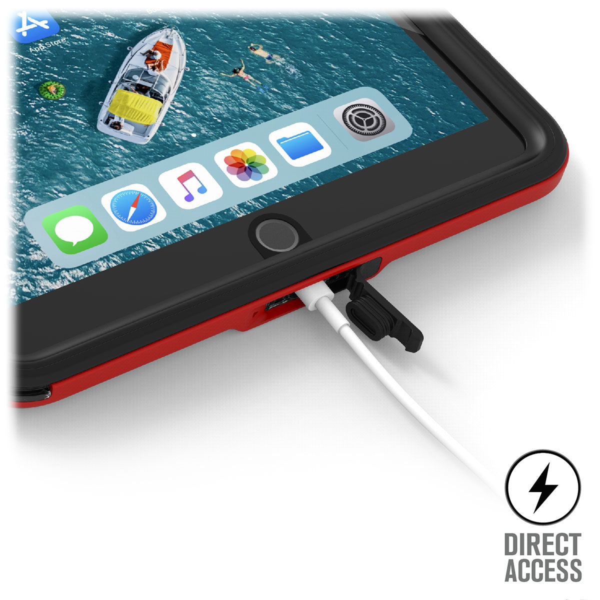 catalyst ipad air gen 3 10.5 waterproof case flame red plugged into the charging cable text reads direct access