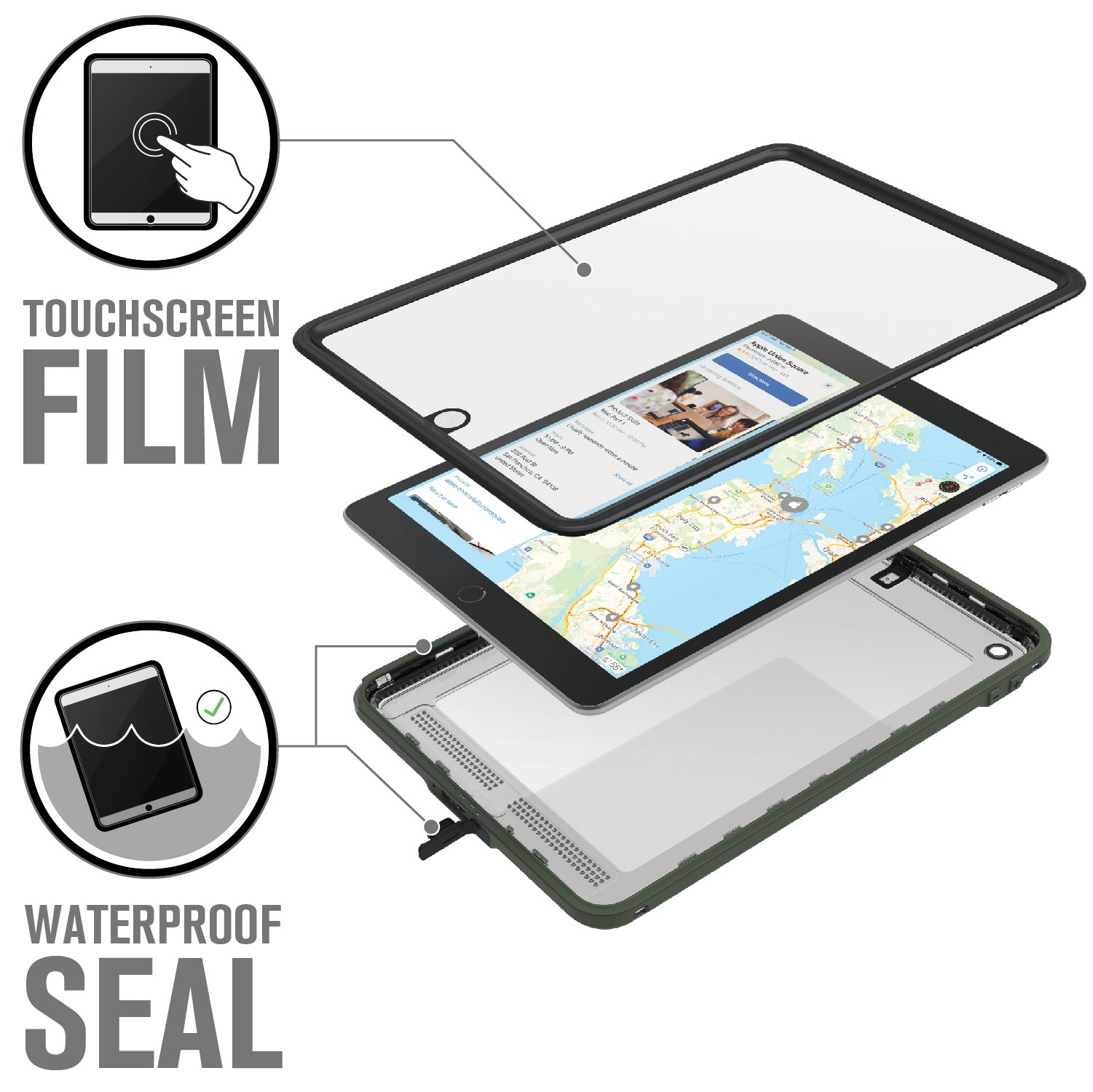 Catalyst ipad (Gen9/8/7), 10.2"-waterproof case showing the case screen film in army green colorway text reads touchscreen film waterproof seal