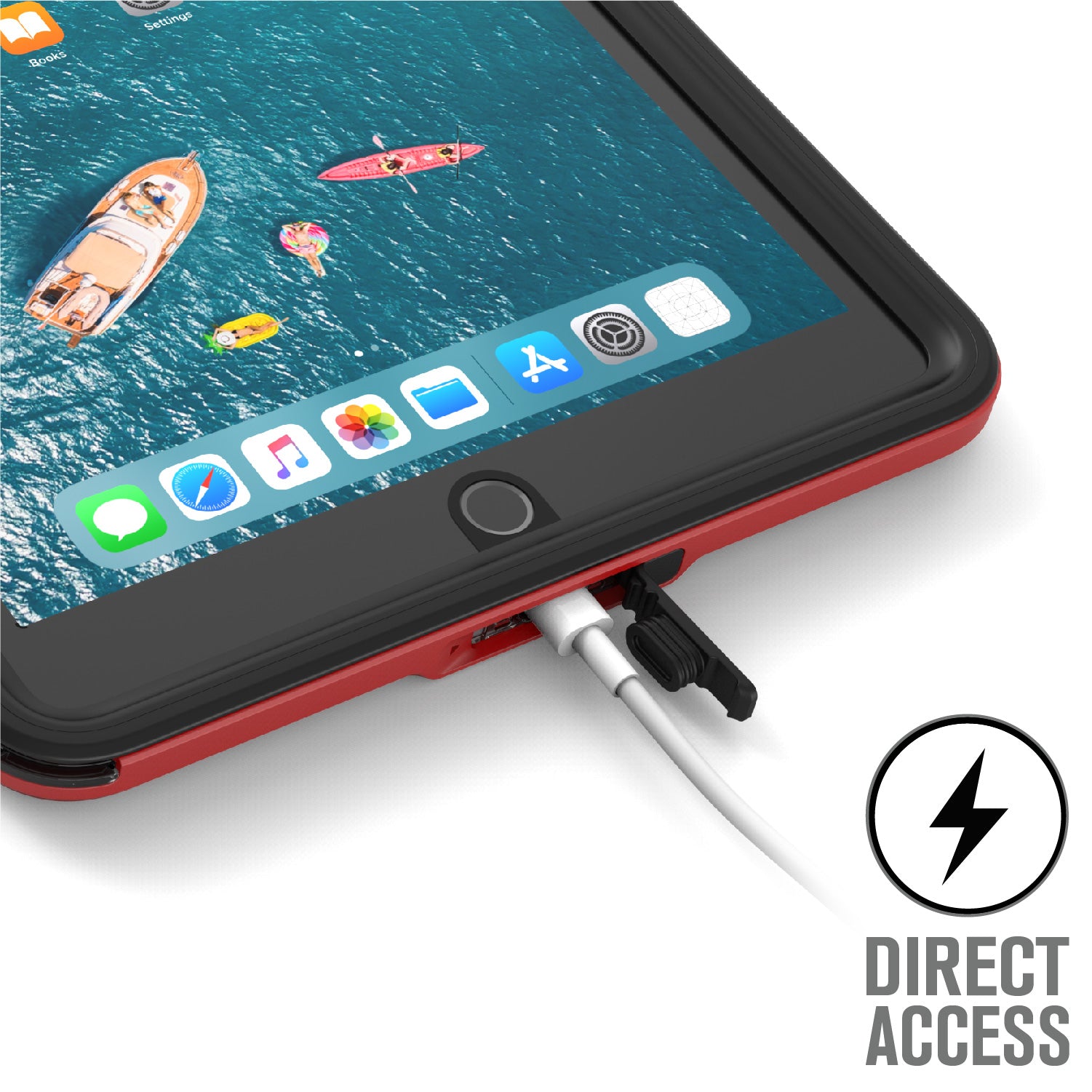 Catalyst ipad (Gen9/8/7), 10.2"-waterproof case showing the case while charging in flame red colorway text reads direct access