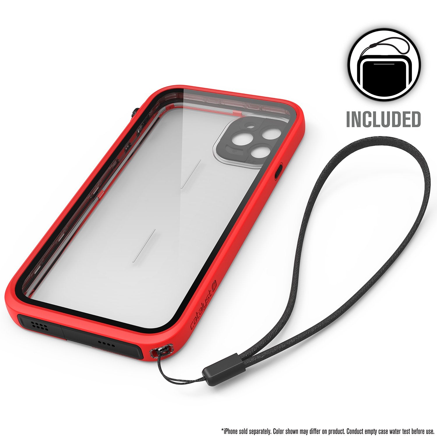 Catalyst iphone 11 pro max waterproof case showing the back of the case with lanyard attached in flame red colorway