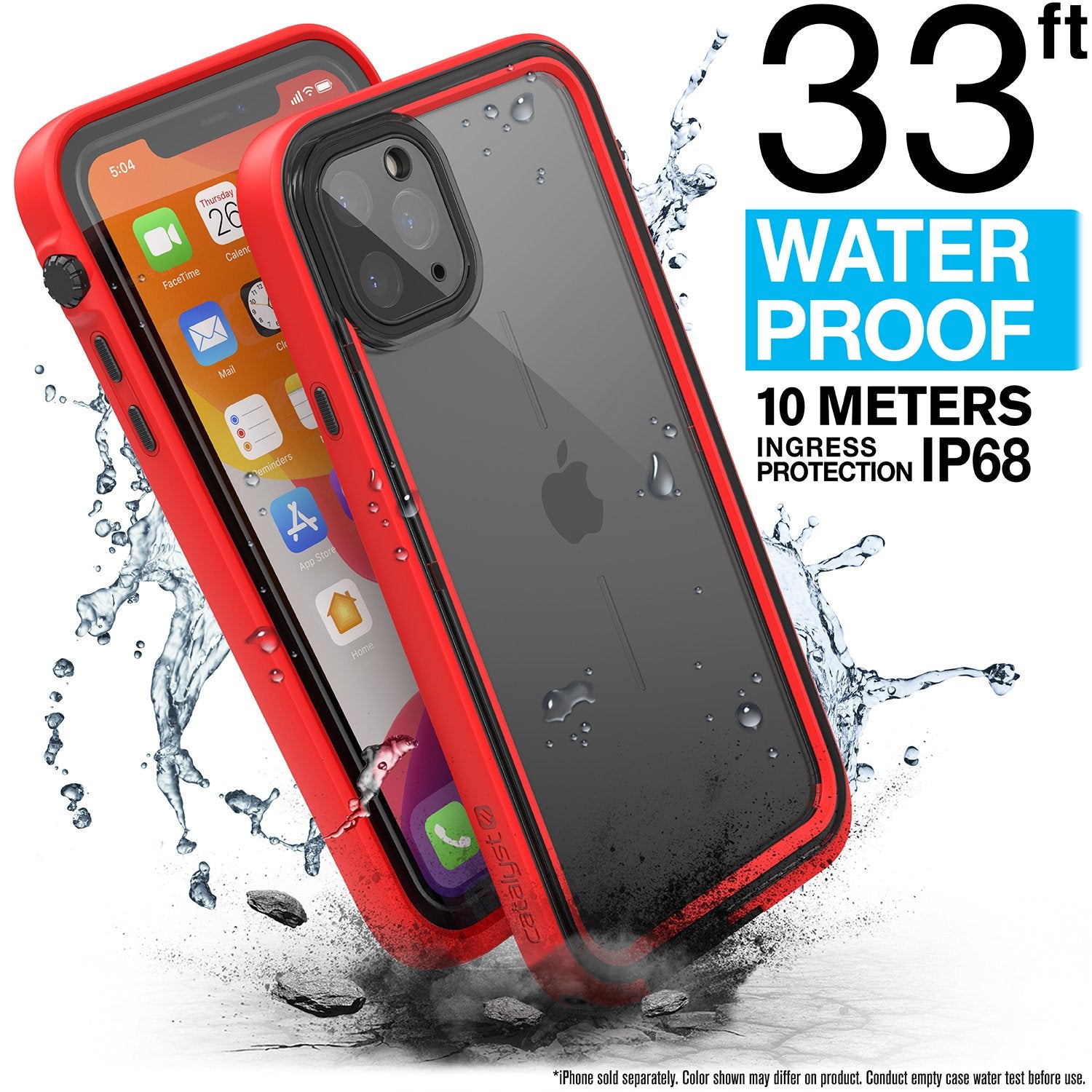 Catalyst iphone 11 pro max waterproof case showing the case being drop proof and waterproof in flame red colorway