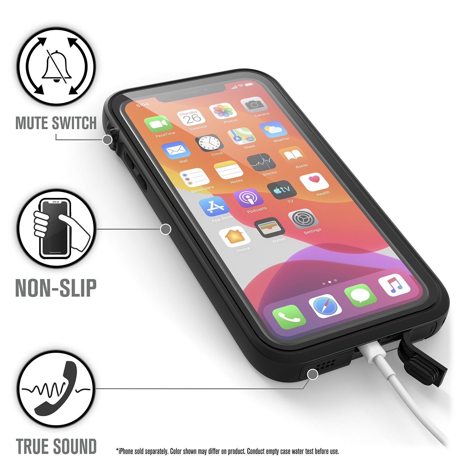 Catalyst iphone 11 pro max waterproof case showing the case features in stealth colorway tex reads mute switch non slip true sound
