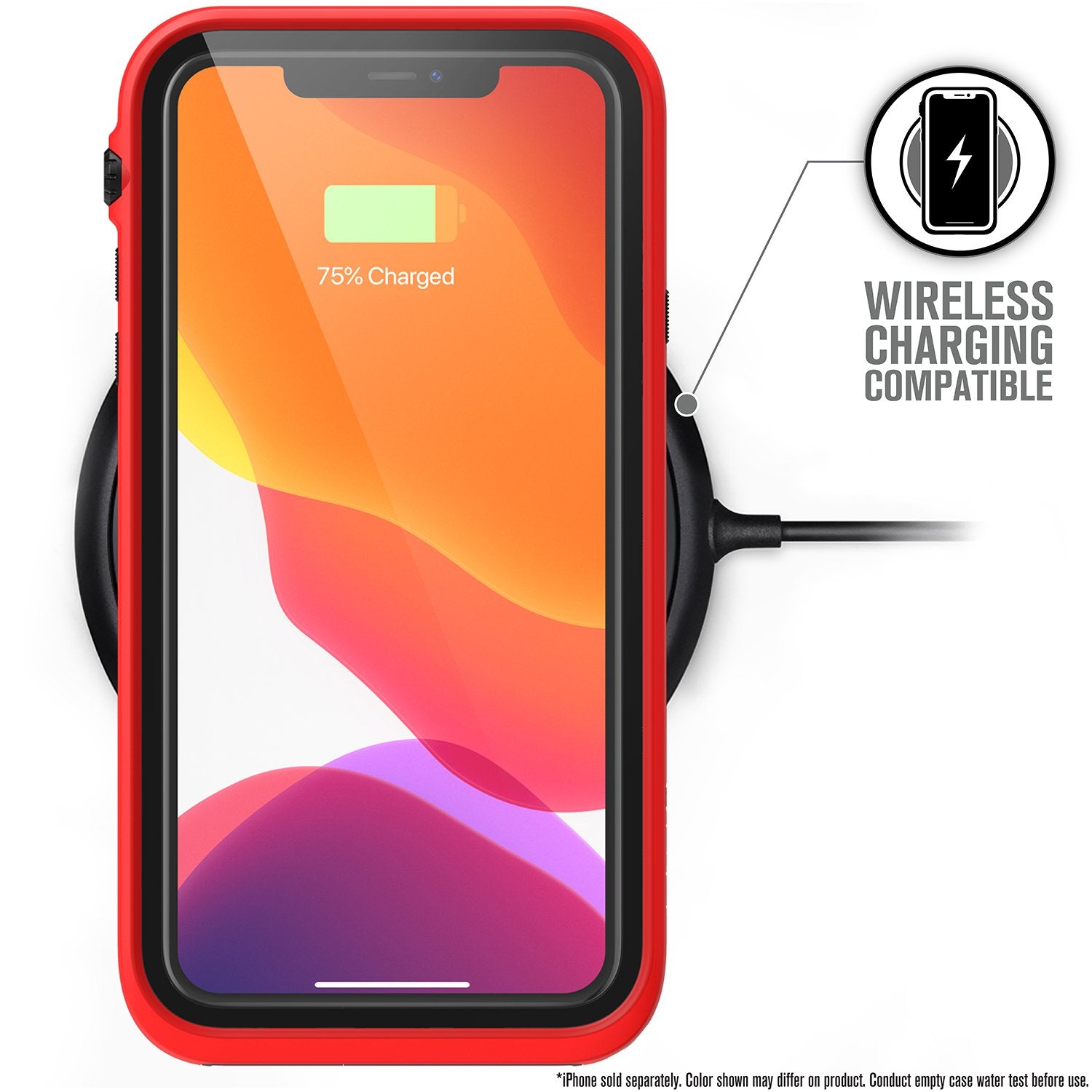 Catalyst iphone 11 pro max waterproof case showing the case wireless charging in flame red colorway