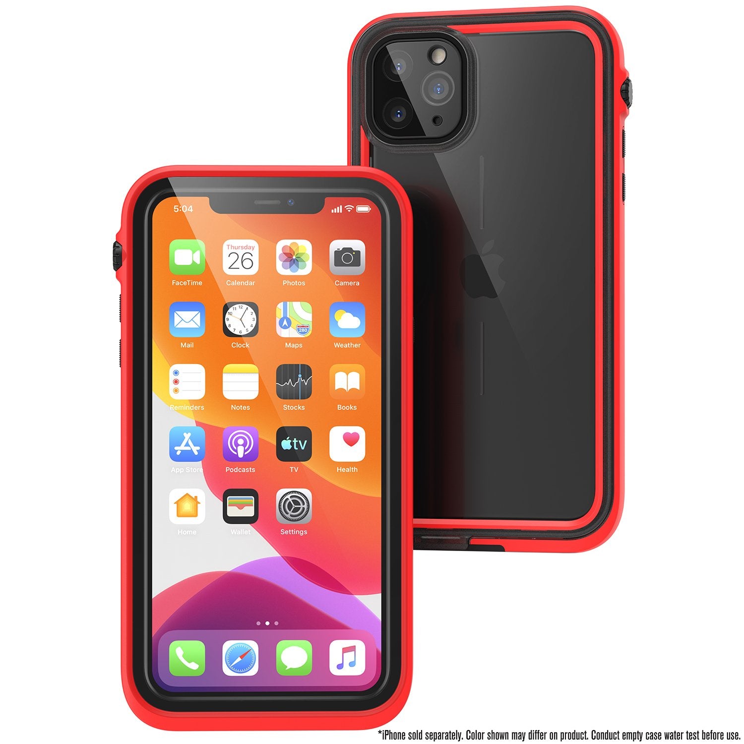 Catalyst iphone 11 pro max waterproof case showing the front and back view of the case in flame-red colorway