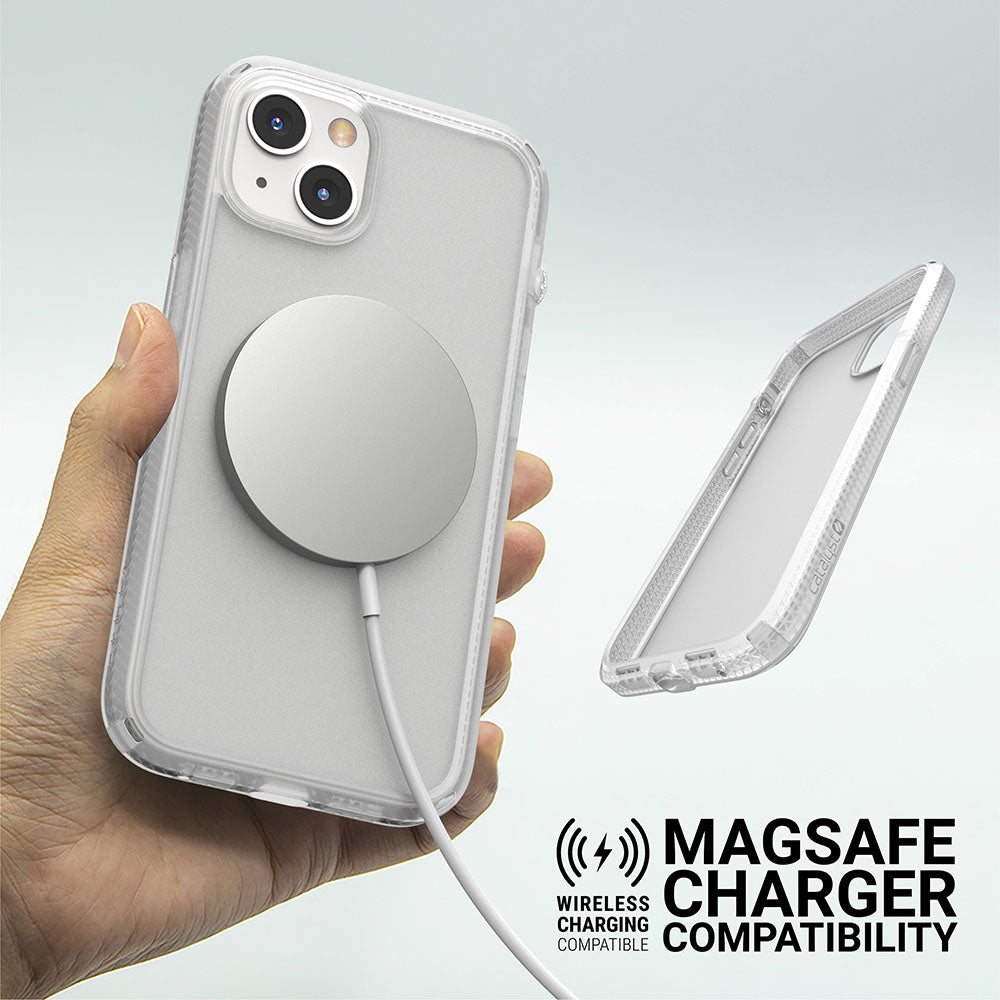 Catalyst iphone 13 series influence case in iphone 13 clear colorway with magsafe charger alt text wireless charging compatible magsafe charger compatibility
