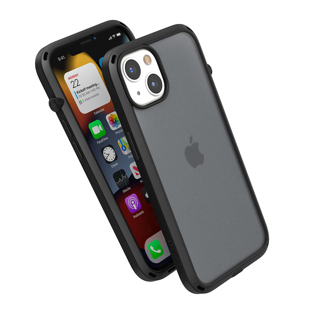 Catalyst iphone 13 series influence case in iphone 13 in stealth black showing the side front and back view of the case