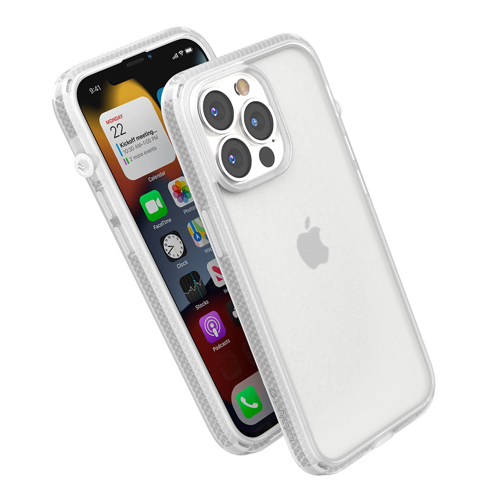 catalyst iphone 13 series influence case in iphone 13 pro clear-colorway showing the side front and back view of the case