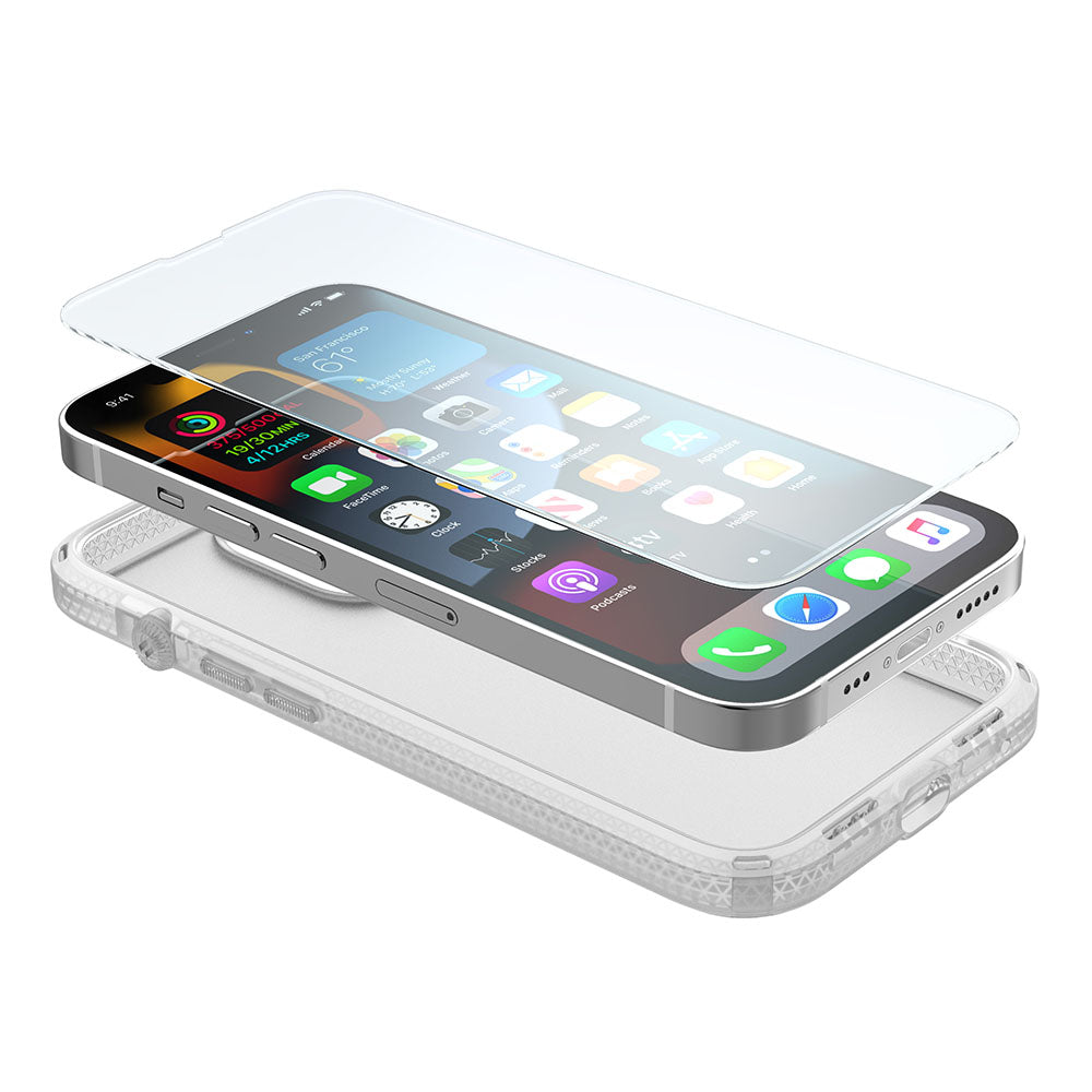 Catalyst iphone 13-series influence case in iphone 13 pro clear colorway with phone and screen protector