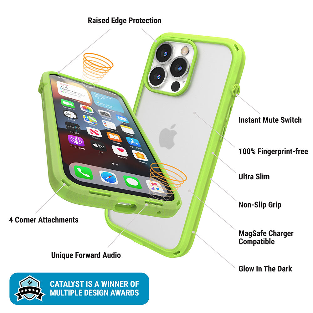 Catalyst iphone 13 series influence case in iphone 13 pro glowing in the dark colorway showing the case features text reads raised edge protection instant mute switch 100% fingerprint free ultra-slim non-slip-grip magsafe charger compatible 4 corner attachments unique forward audio