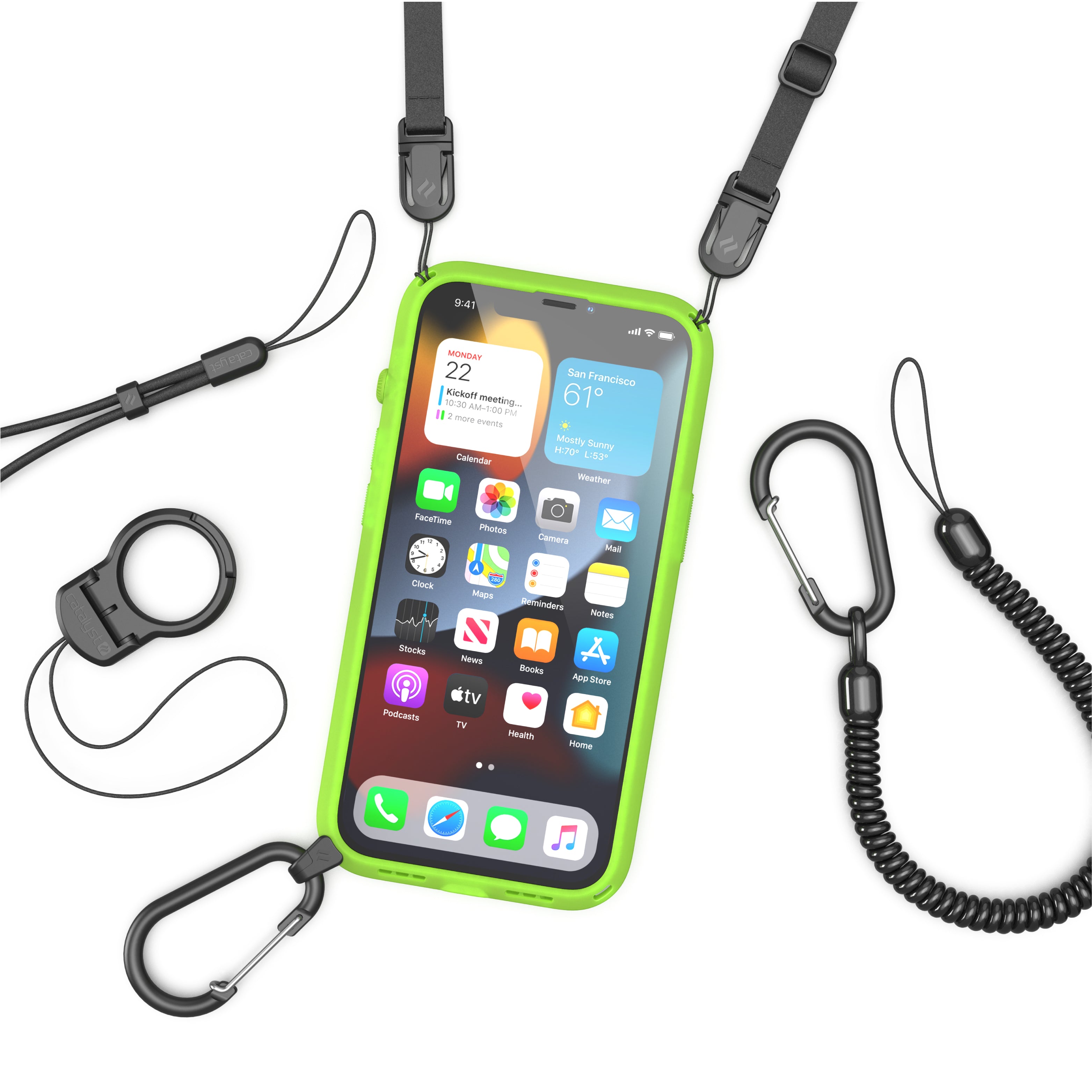 Catalyst iphone 13 series influence case in iphone 13 pro glowing in the dark colorway with shoulder strap and carabiner