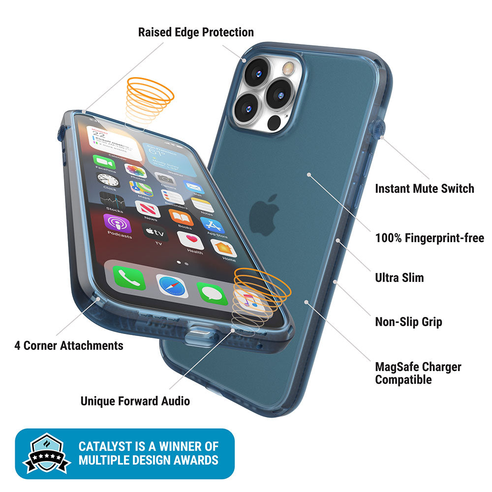 Catalyst iphone 13 series influence case in iphone 13 pro pacific blue colorway showing the case features text reads raised edge protection instant mute switch 100% fingerprint free ultra-slim non-slip-grip magsafe charger compatible 4 corner attachments unique forward audio