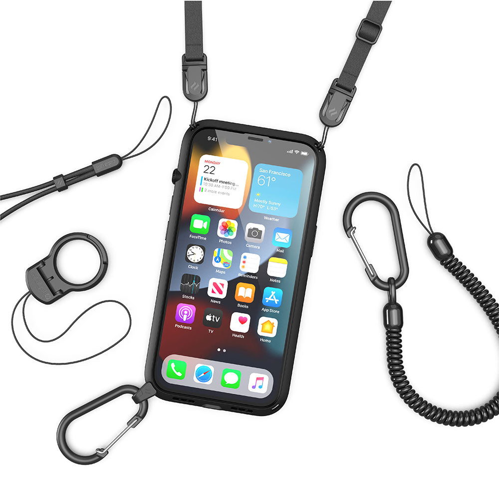 Catalyst iphone 13 series influence case in iphone 13 stealth black colorway with shoulder strap and carabiner