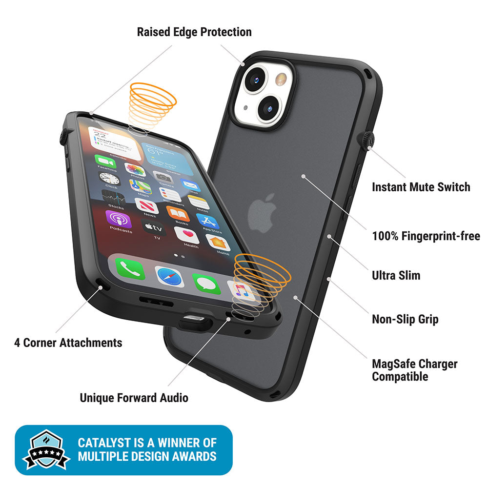 Catalyst iphone 13 series influence case in iphone 13 stealth black showing the case features text reads raised edge protection instant mute switch 100% fingerprint free ultra-slim non-slip grip magsafe charger compatible unique forward audio 4 corner attachments