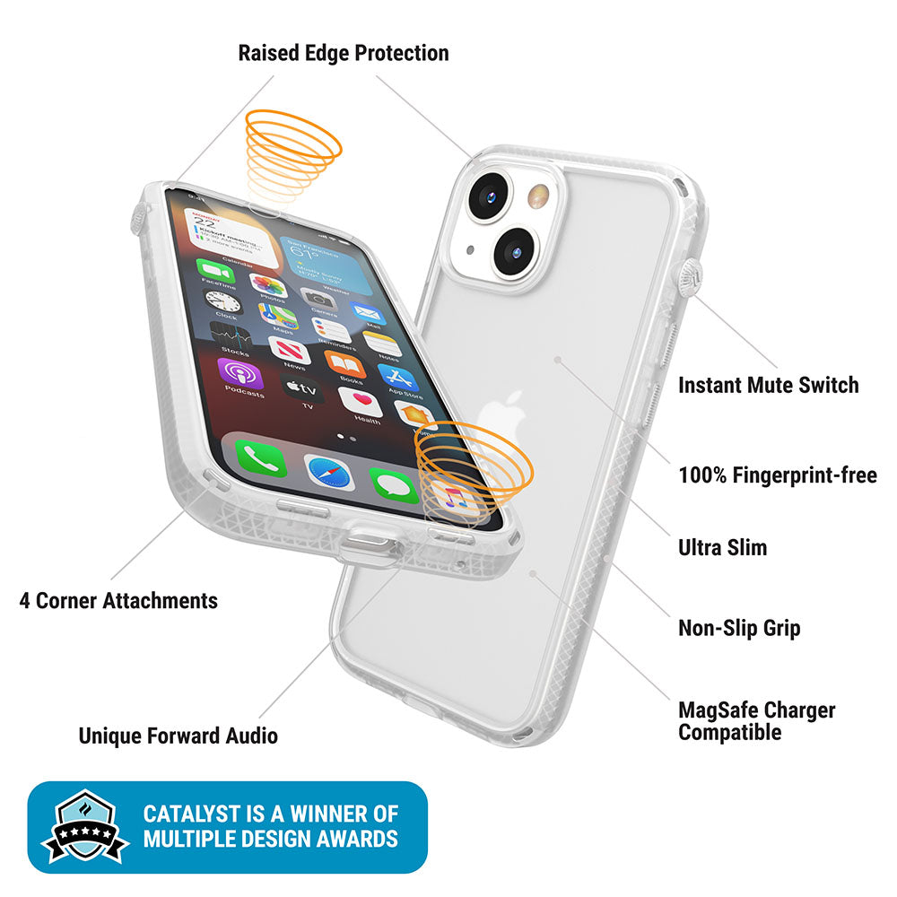 Catalyst iphone 13 series influence case in iphone 13 clear colorway showing the case features text reads raised edge protection instant mute switch 100% fingerprint free ultra-slim non-slip-grip magsafe charger compatible 4 corner attachments unique forward audio