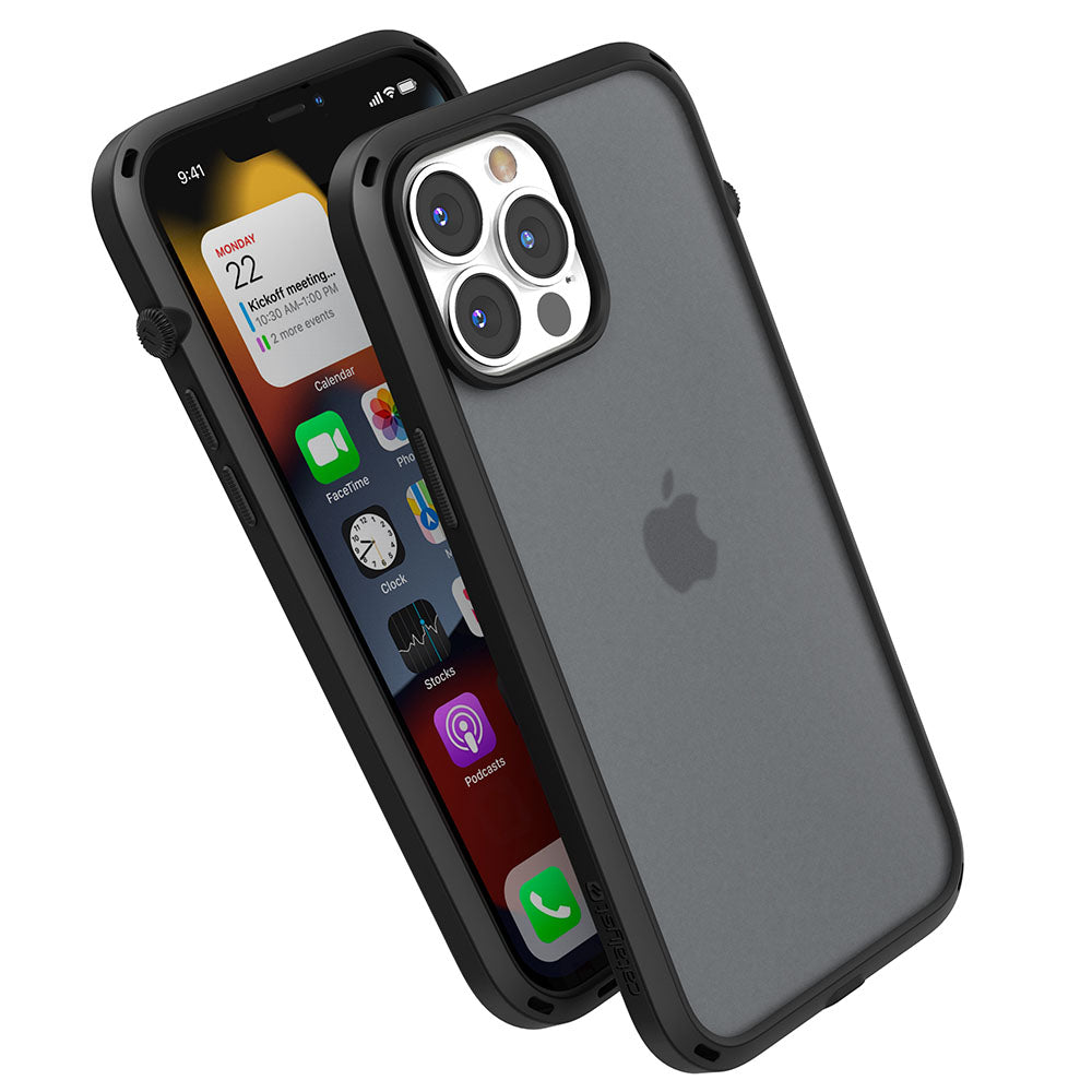 Catalyst iphone 13 series influence case in iphone 13 pro max in stealth black showing the side front and back view of the case
