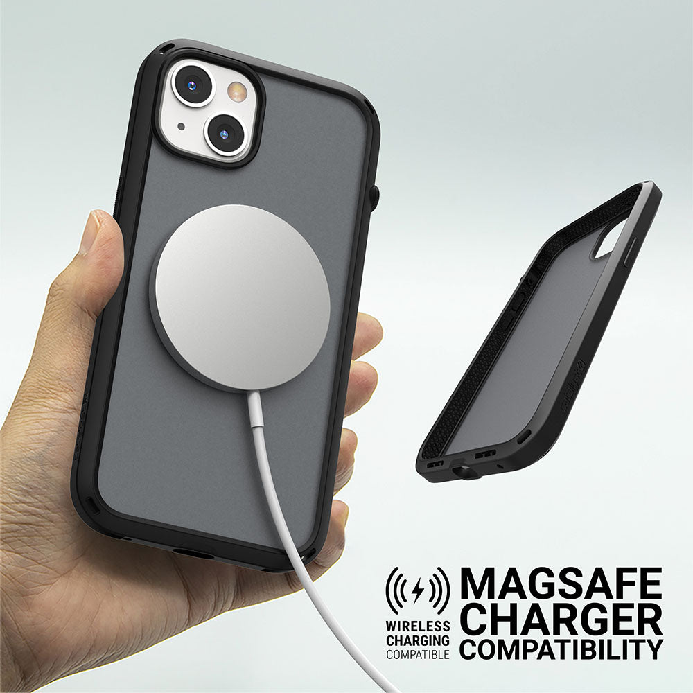 Catalyst iphone 13 series influence case in iphone 13 mini in stealth black with magsafe charger text reads wireless charging compatible magsafe charger compatibility 