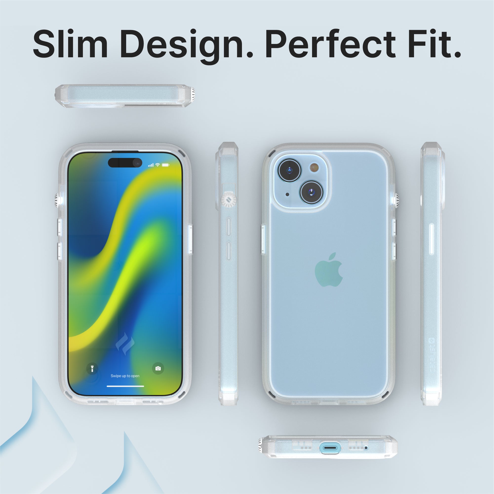 Catalyst iphone 15 series influence case iphone 15 pro in clear colorway showing all sides of the case text reads slim design perfect fit