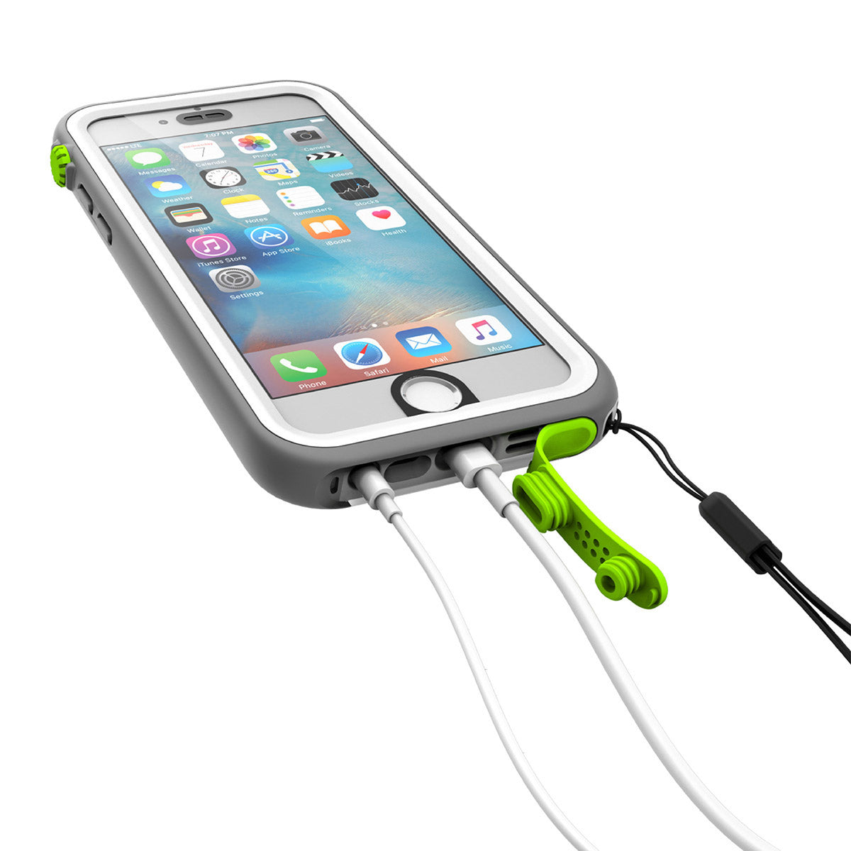 Catalyst iphone 6s waterproof case showing the case charging port and bottom plug in green pop colorway