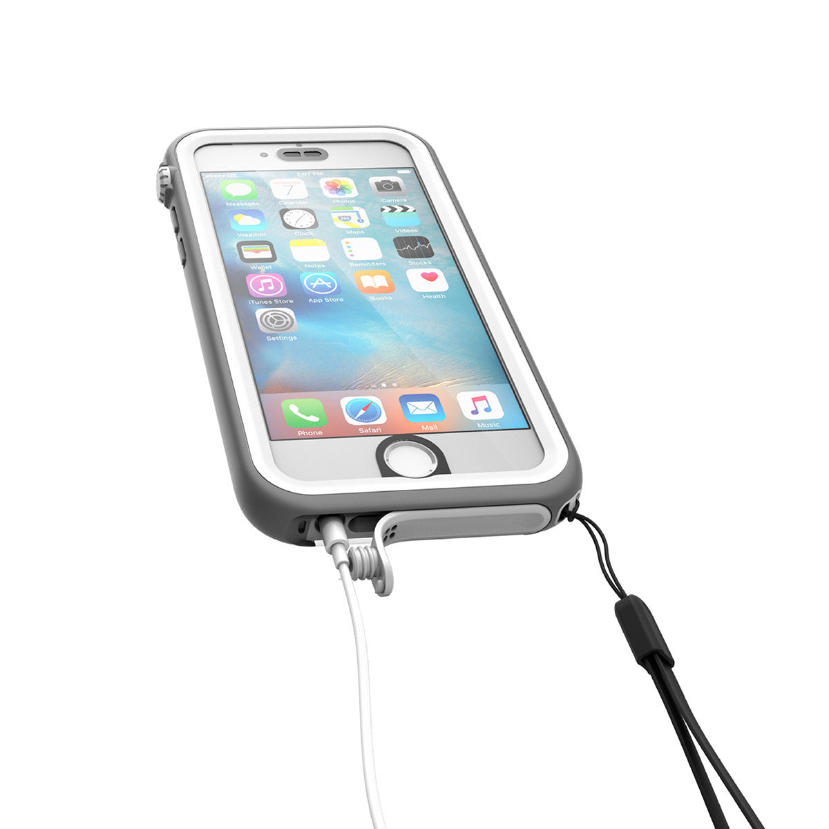 Catalyst iphone 6s waterproof case showing the case while charging in white&mist gray colorway