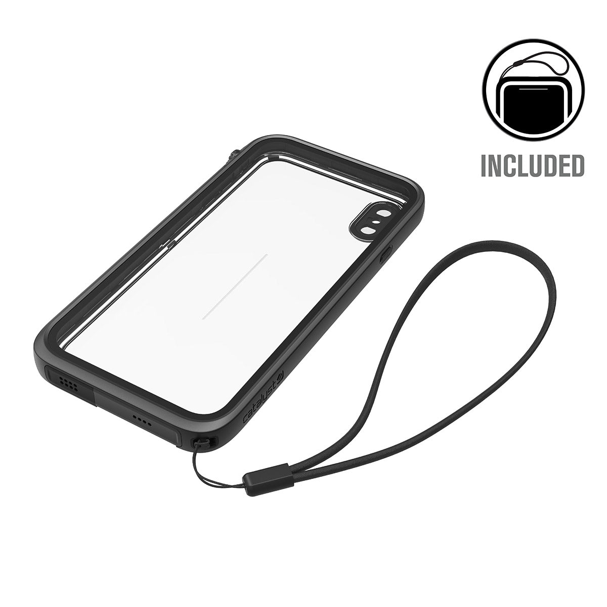 Catalyst iphone x/xr/xs/xs max waterproof case x showing the back view of the case with lanyard attached in stealth black text reads included