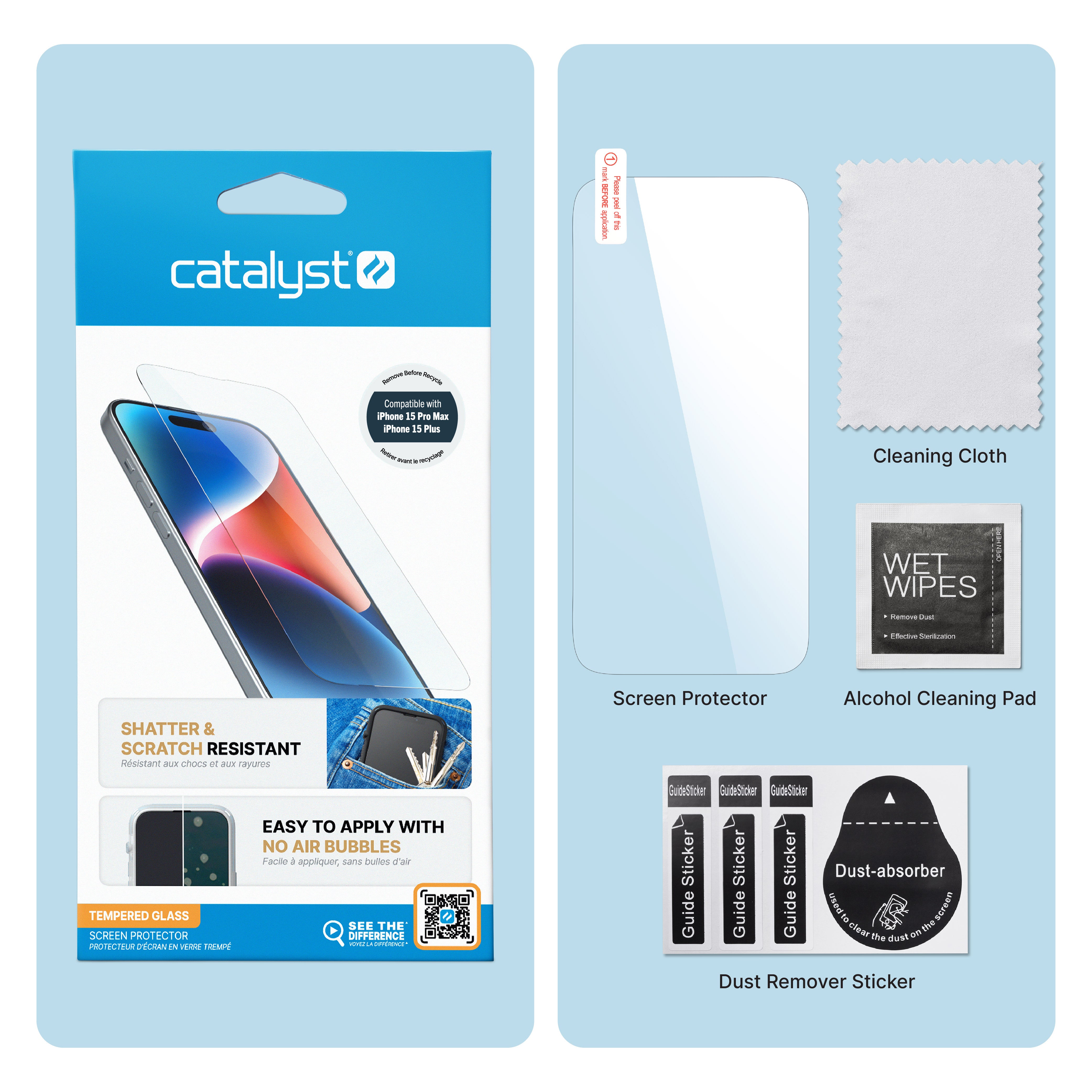 Catalyst screen protector for iphone 15 series showing inside the box and packaging Text reads cleaning cloth, screen protector, alcohol clearing pad, and dust remover sticker.