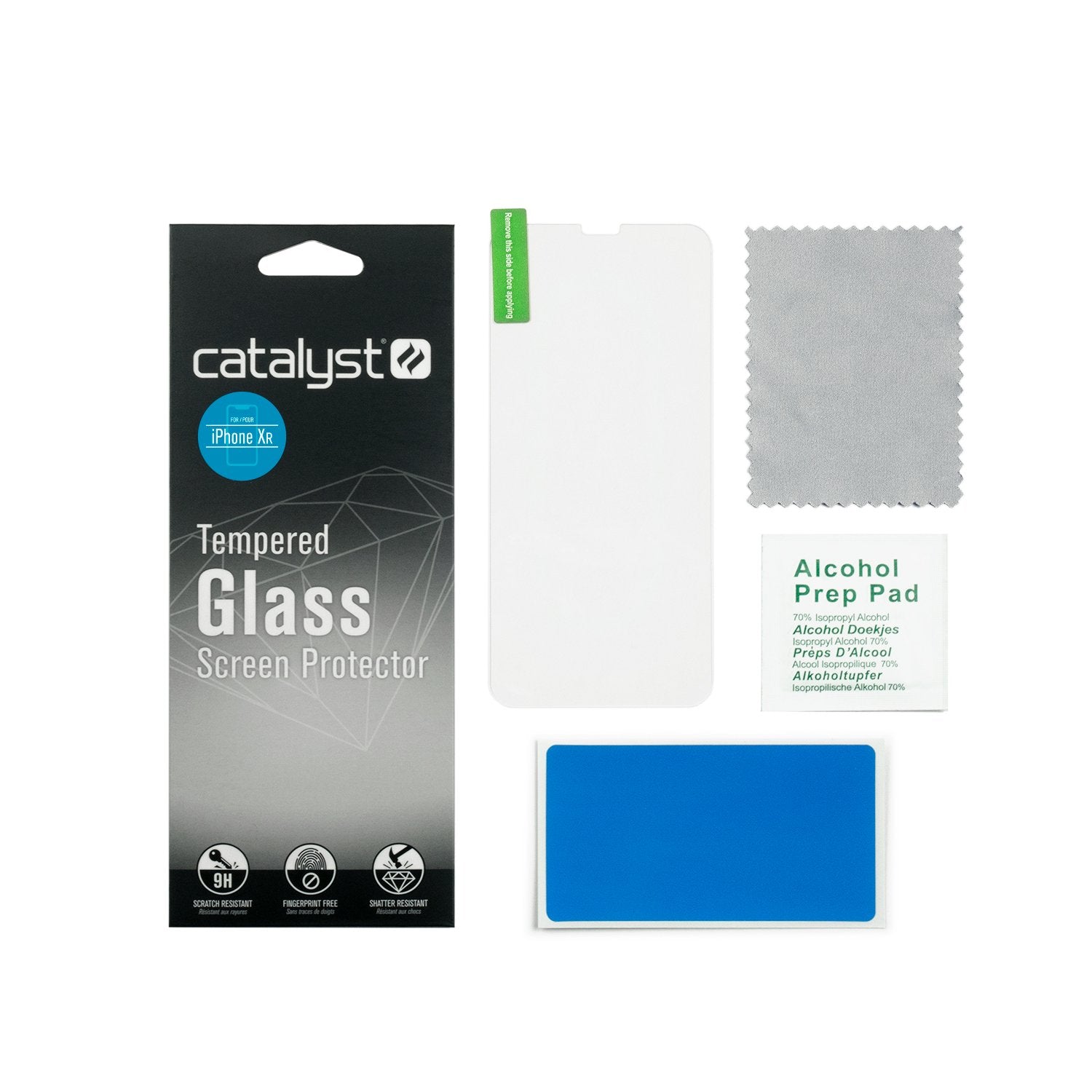 Catalyst Tempered Glass Screen Protector for iphone 11 and xr inside the box includes packaging screen protector cleaning cloth alcohol wipe dust removal sticker text reads packaging screen protector cleaning cloth alcohol wipe dust removal sticker alcohol prep pad