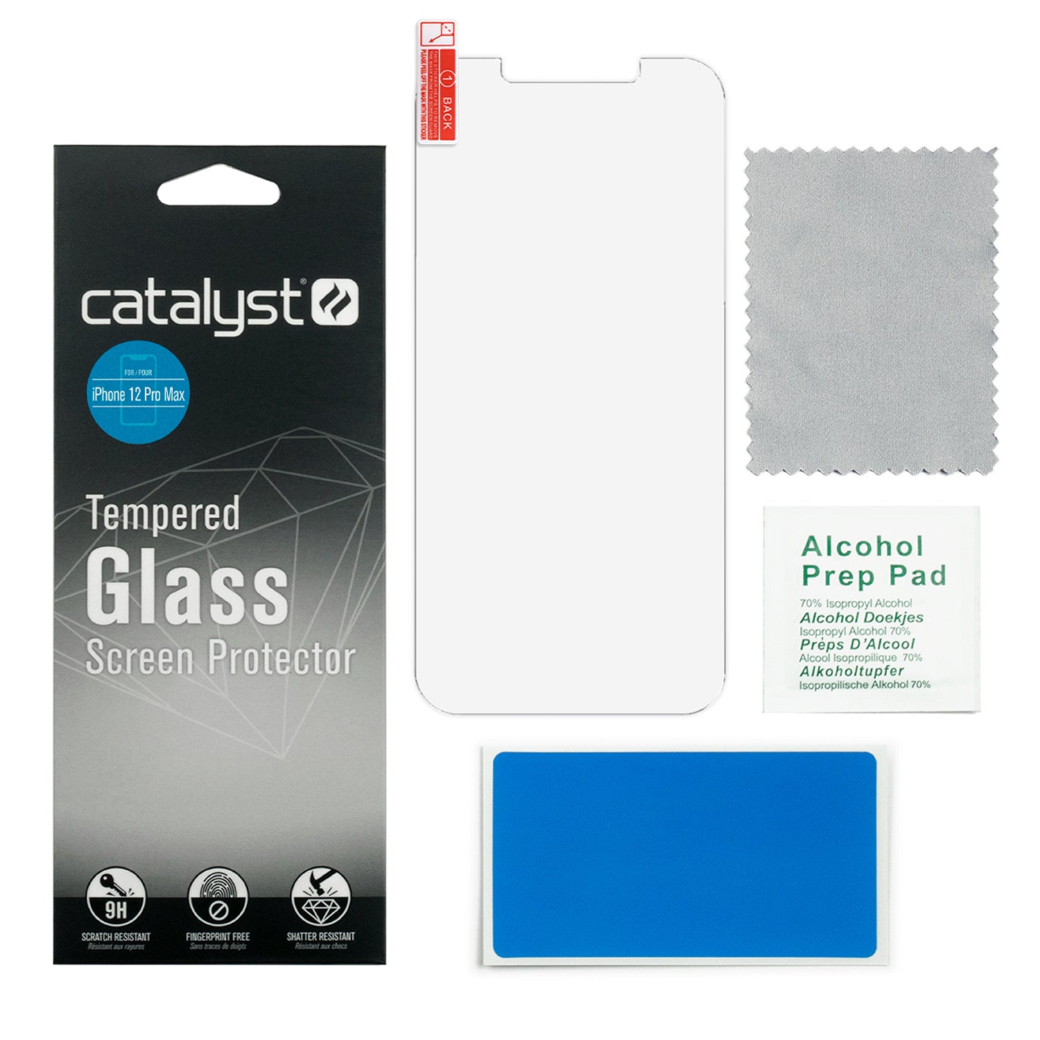 Catalyst Tempered Glass Screen Protector for iphone 12 pro max inside the box includes packaging screen protector cleaning cloth alcohol wipe dust removal sticker text reads packaging screen protector cleaning cloth alcohol wipe dust removal sticker alcohol prep pad