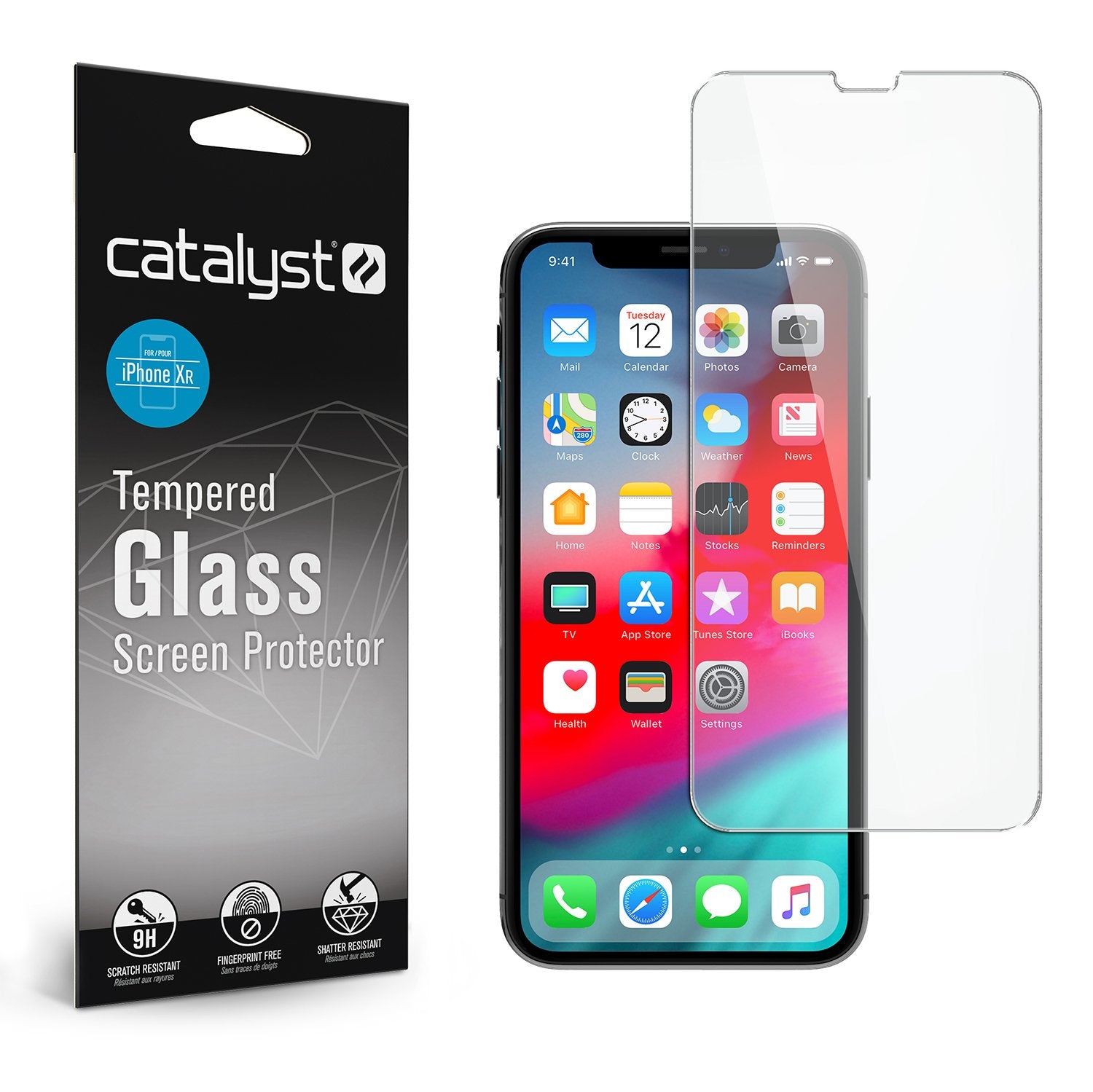 Catalyst Tempered Glass Screen Protector for iphone 11 and xr with packaging and tempered glass screen protector and iPhone.