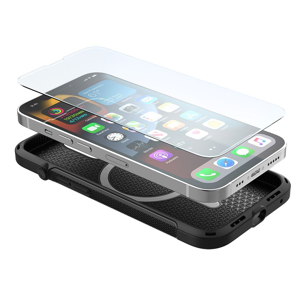 Catalyst vibe Case for iPhone 13 series battleship gray magsafe compatible showing showing an iphone and a tempered glass screen protector