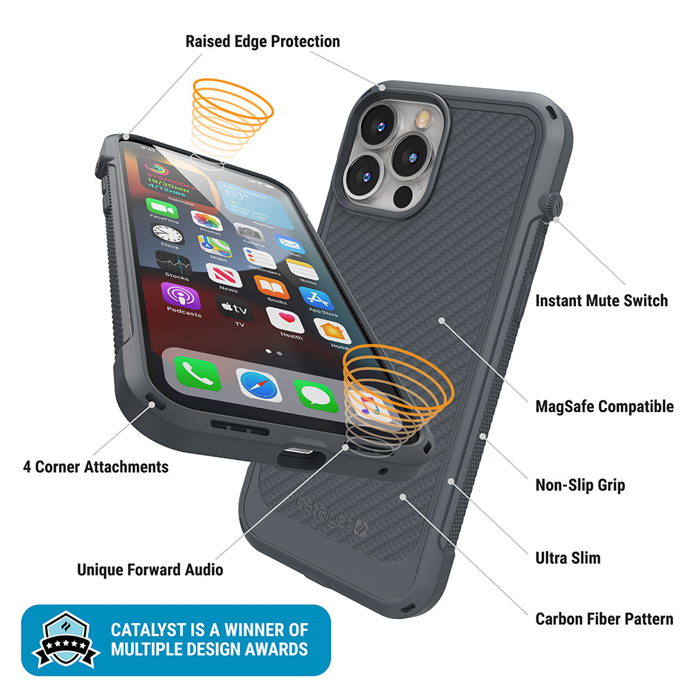 Catalyst vibe Case for iPhone 13 series battleship gray magsafe compatible showing showing the front and the back of the case installed on the iphone text reads raised edge protection 4 corner attachments unique forward audio instant mute switch magsafe compatible non-slip grip ultra slim carbon fiber pattern catalyst is a winner of multiple design awards