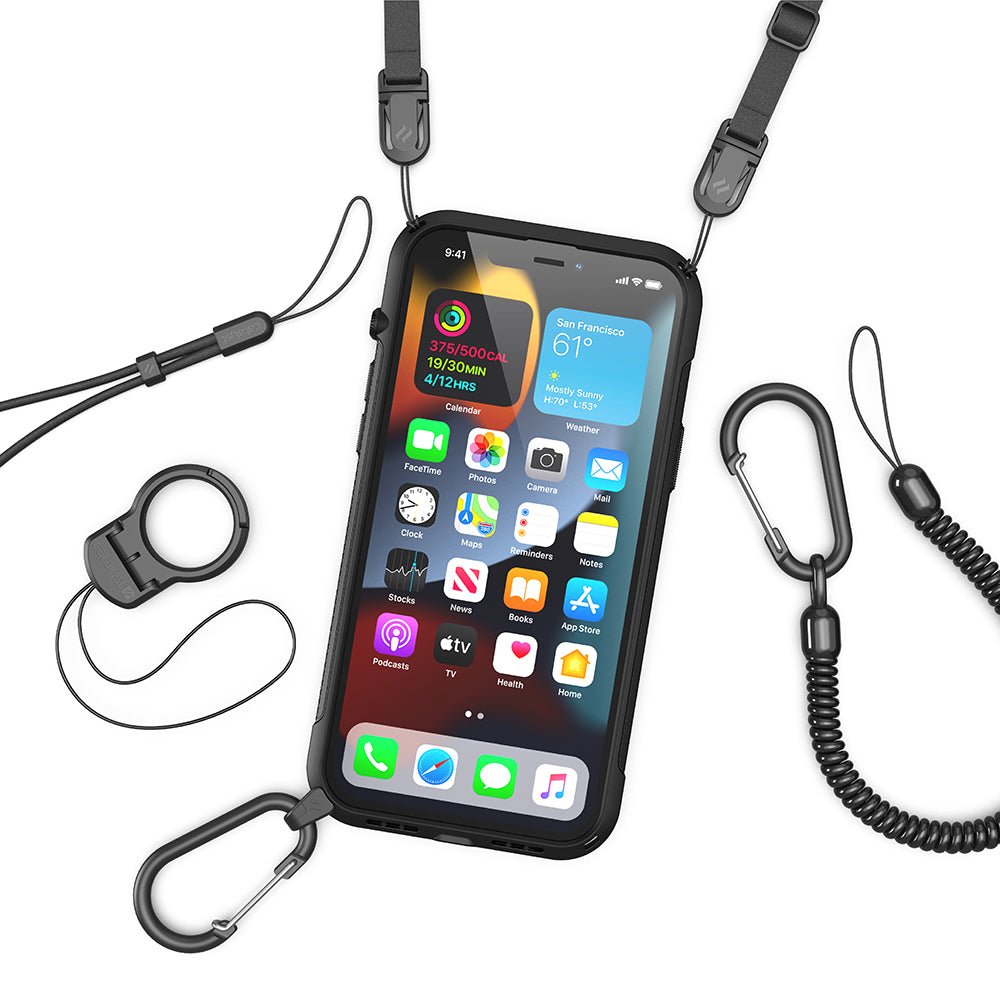 Catalyst vibe Case for iPhone 13 series battleship gray magsafe compatible showing the vibe case with shoulder strap installed lanyard carabiner carabiner attachment and ring stand