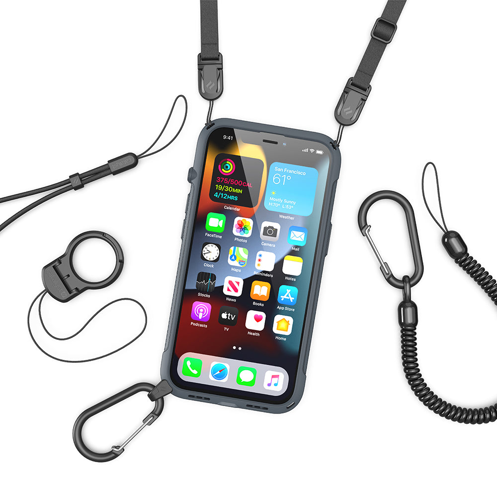 Catalyst vibe Case for iPhone 13 series battleship gray magsafe compatible showing the vibe case with shoulder strap installed lanyard carabiner carabiner attachment and ring stand