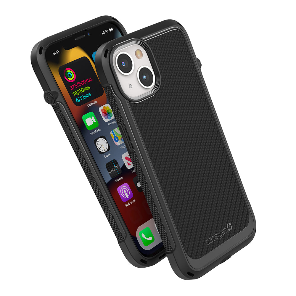 Catalyst vibe Case for iPhone 13 series stealth black magsafe compatible showing front and rugged back of the case