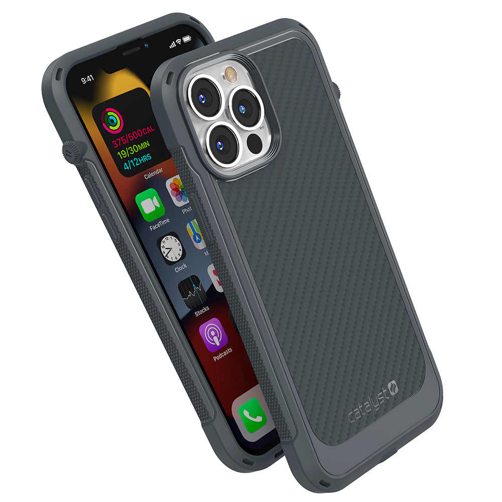 Catalyst vibe Case for iPhone 13 series stealth black magsafe compatible showing front and rugged back of the case