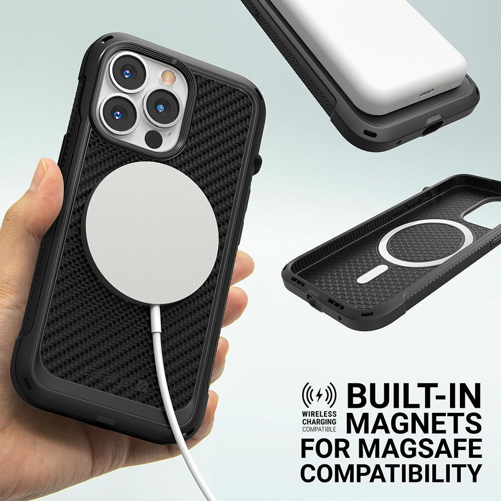 Catalyst vibe Case for iPhone 13 series stealth black magsafe compatible showing magsafe charger attached to magsafe magnet text reads wireless chargin compatible built in magnet for magsafe compatibility