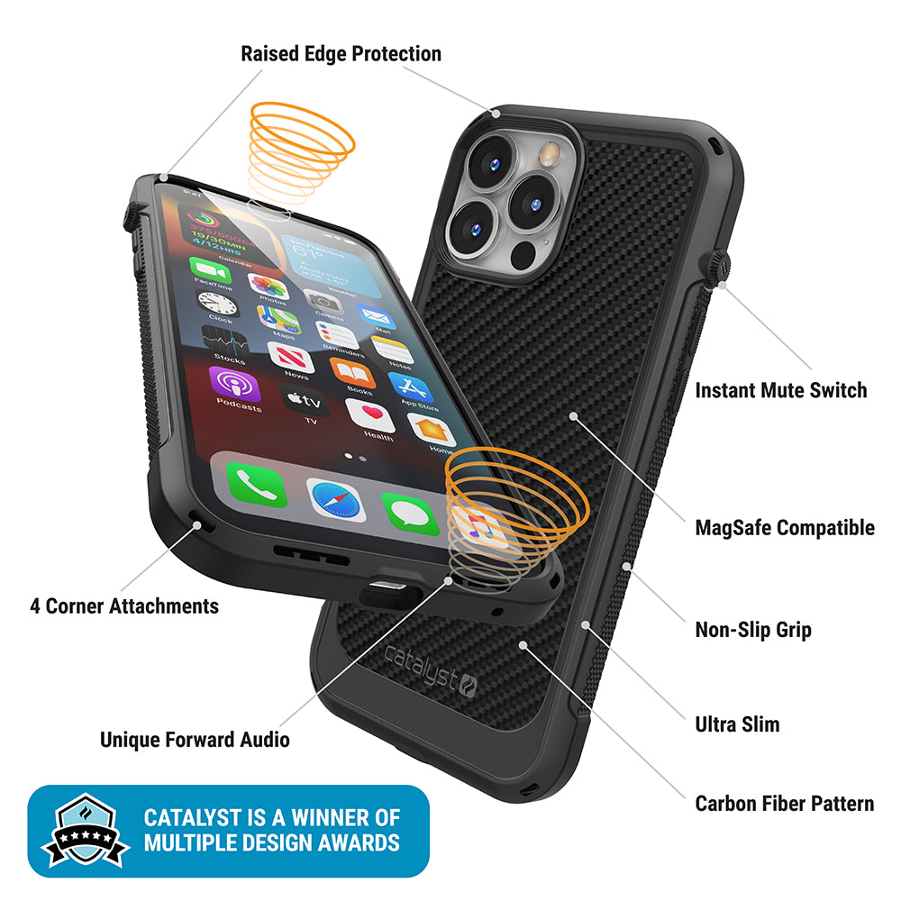 Catalyst vibe Case for iPhone 13 series stealth black magsafe compatible showing showing the front and the back of the case installed on the iphone text reads raised edge protection 4 corner attachments unique forward audio instant mute switch magsafe compatible non-slip grip ultra slim carbon fiber pattern catalyst is a winner of multiple design awards