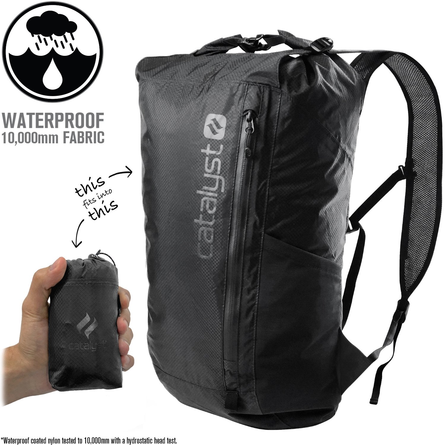 catalyst waterproof 20l backpack product itself hand holding the bag inside the compact carry pouch text reads waterproof 10,000mm fabric thisfits into this waterproof coated nylon tested to 10,000mm with a hydrostatic head test
