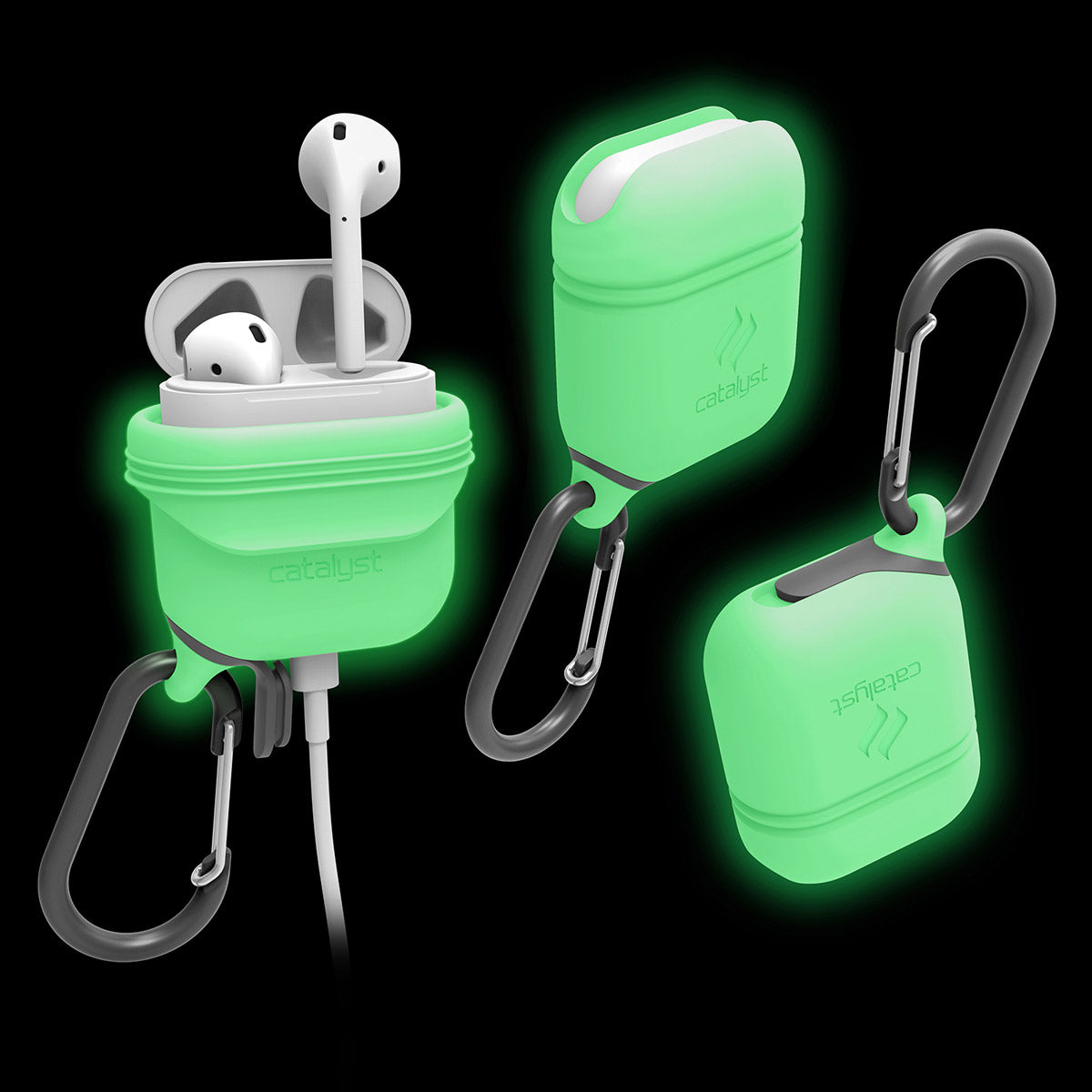 Catalyst Waterproof Case for Airpods Gen 1 & 2 special edition + carabiner showing 3 airpods cases glow in the dark with carabiner attached