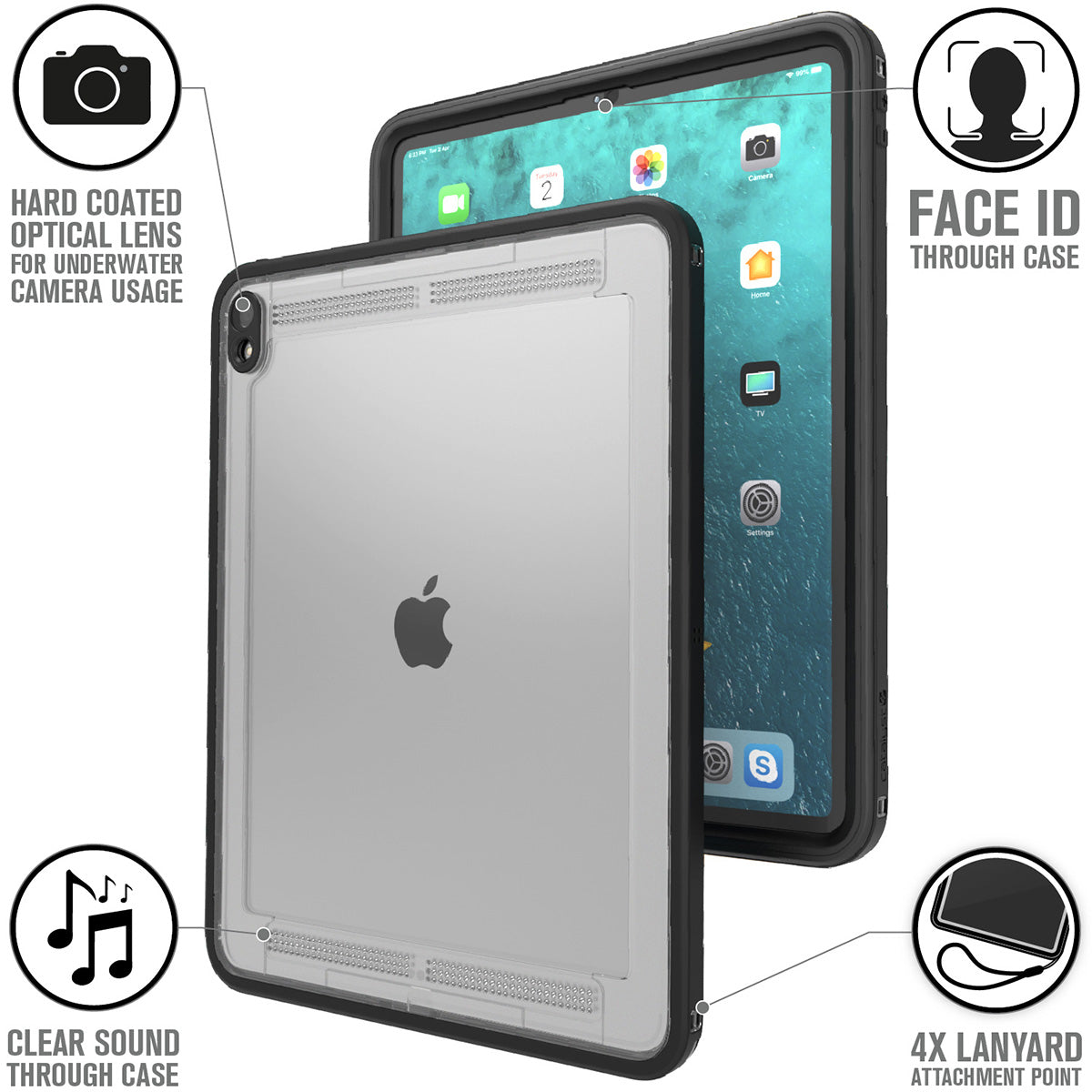 Catalyst waterproof case for ipad pro gen 3 12.9in black clear sound faceid through case shows attachment points Text reads hard coated optical lens for underwater camera usage Face Id thorugh case clear sound through case 4x lanyard attachment point