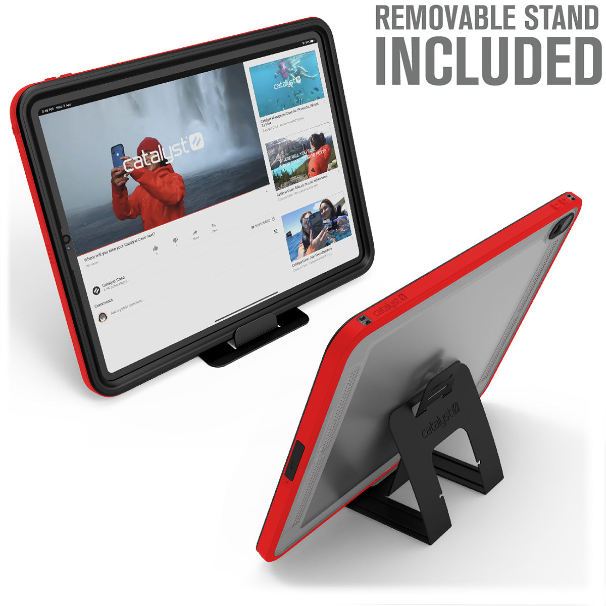 Catalyst waterproof case for ipad pro gen 3 12.9in red front and back packaging Text reads Removable stand included