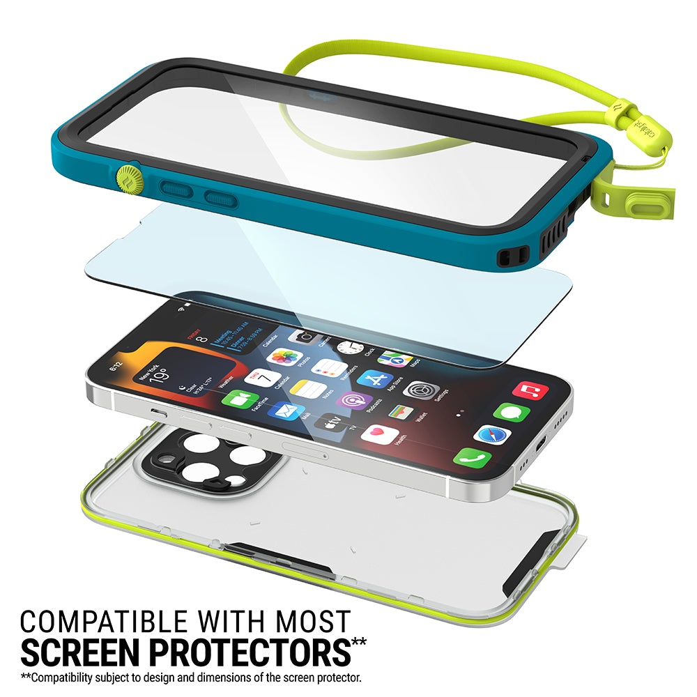 Catalyst Waterproof Total Protection case for iPhone 13 series showing an iphone and a tempered glass screen protector with the front and back of the case and lanyard text reads compatible with most screen protectors compatibility subject to design and dimension of the screen protector 