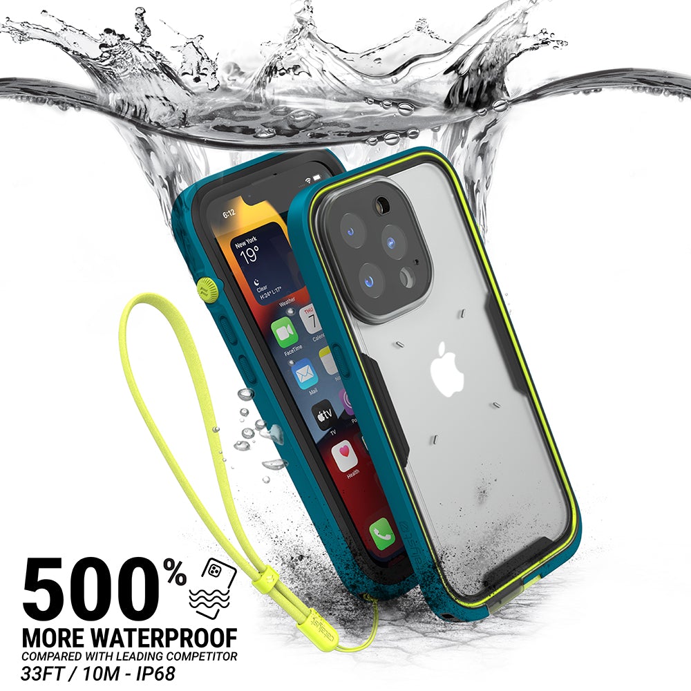 Catalyst Waterproof Total Protection case for iPhone 13 series showing an iphone with the total protection case installed submerged under water text reads 500% more waterproof compared with leading competitor 33ft/10m-ip68