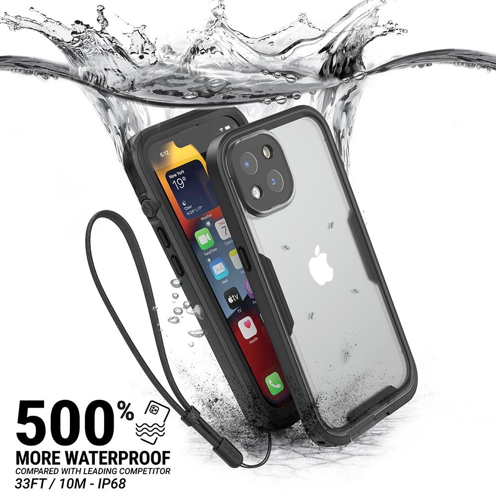 Catalyst Waterproof Total Protection case for iPhone 13 series showing an iphone with the total protection case installed submerged under water text reads 500% more waterproof compared with leading competitor 33ft/10m-ip68