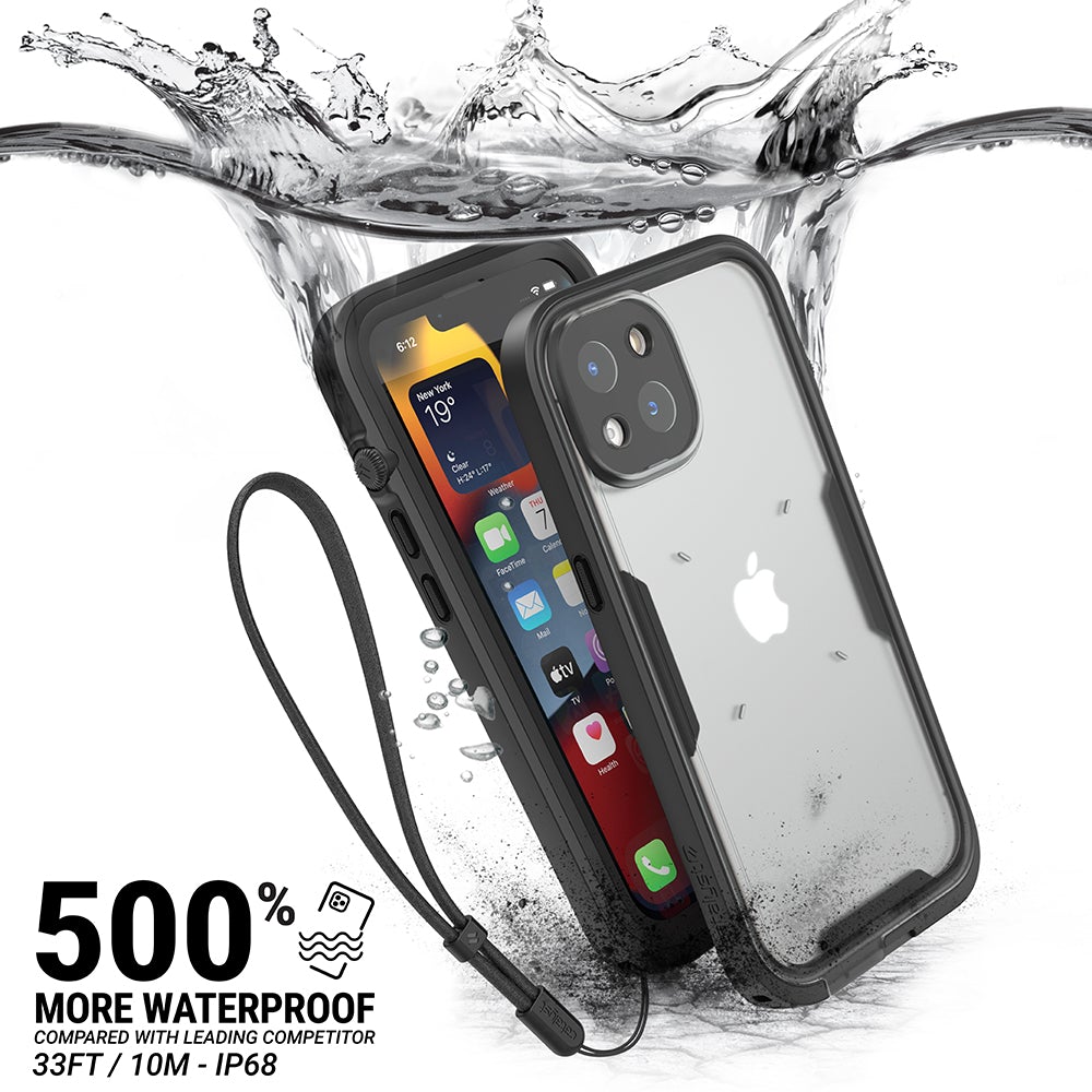 Catalyst Waterproof Total Protection case for iPhone 13 series showing an iphone with the total protection case installed submerged under water text reads 500% more waterproof compared with leading competitor 33ft/10m-ip68