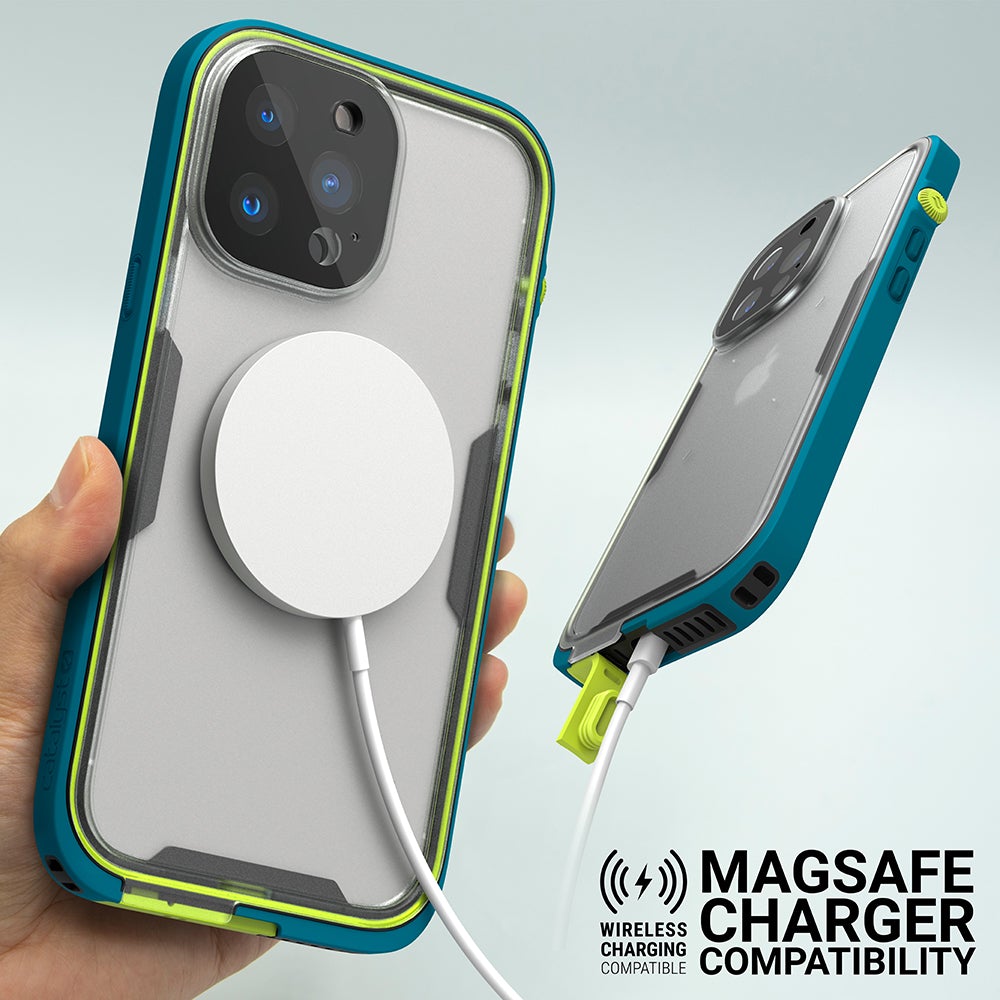 Catalyst Waterproof Total Protection case for iPhone 13 series showing magsafe charger compatibility text reads magsafe charger compatibility wireless charging compatible