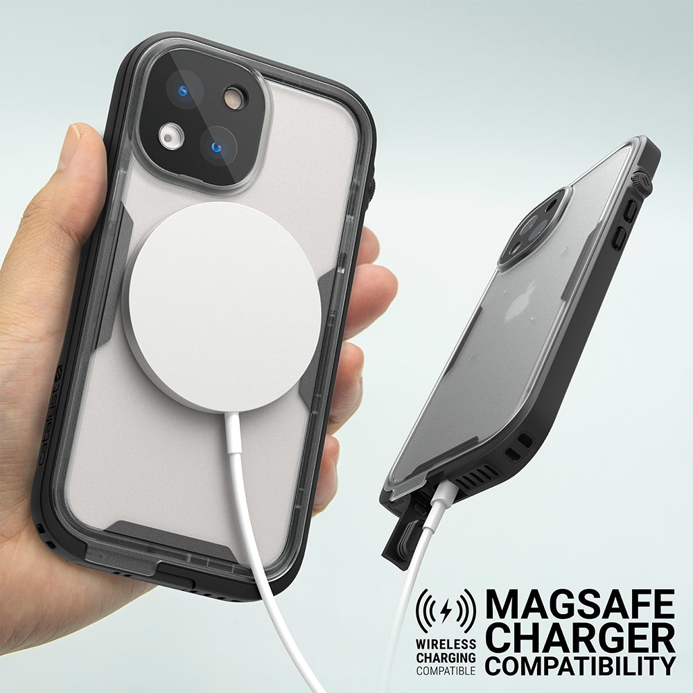 Catalyst Waterproof Total Protection case for iPhone 13 series showing magsafe charger compatibility text reads magsafe charger compatibility wireless charging compatible