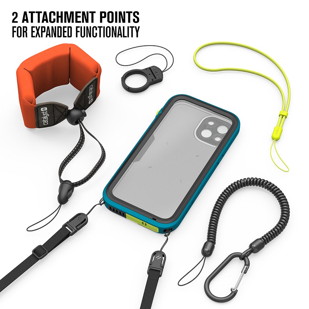 Catalyst Waterproof Total Protection case for iPhone 13 series showing orange floating lanyard ring stand lanyard shoulder strap carabiner text reads 2 attachment points for expanded functionality